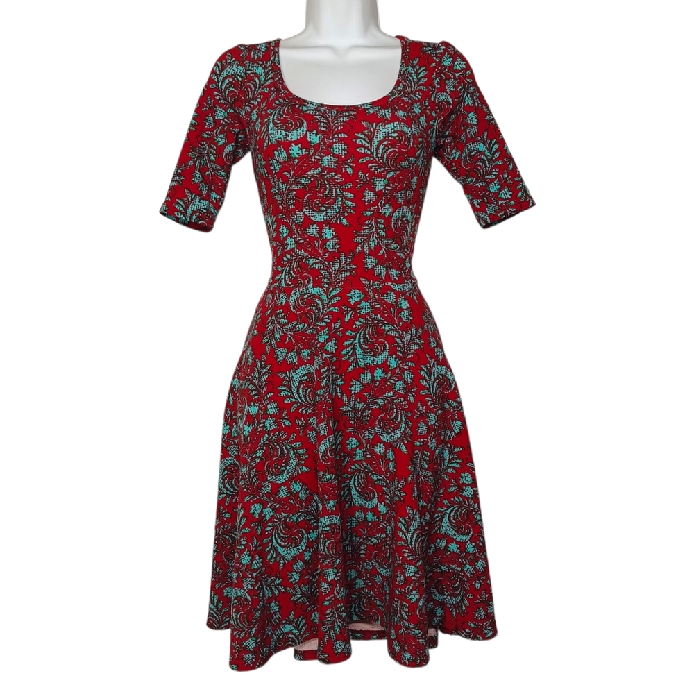 LULAROE Blue Brocade Print Red Short Sleeve Stretchy A-Line Midi Dress XS